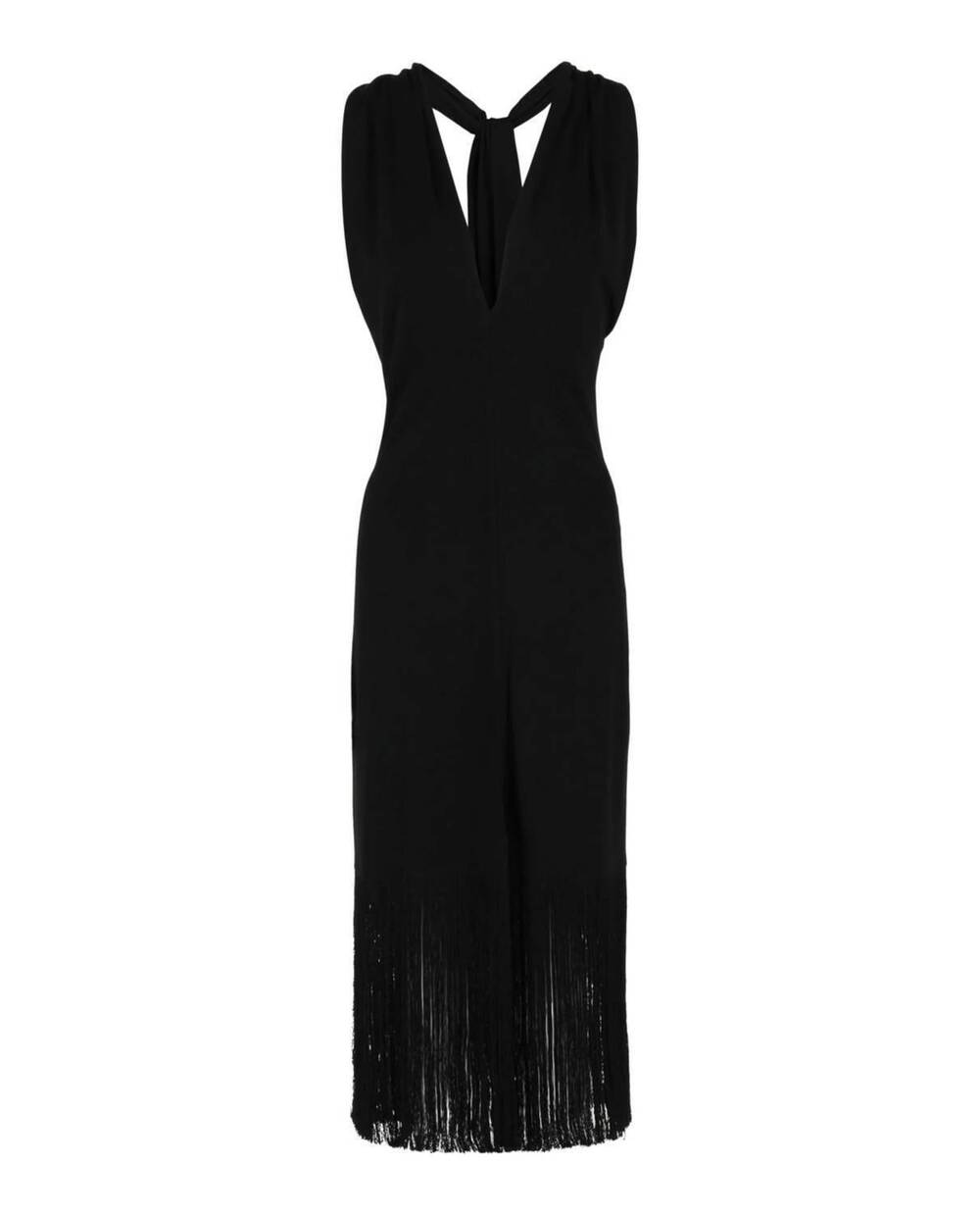 NEW SALVATORE FERRAGAMO women's plunging sleeveless fringe-hem midi dress in bla